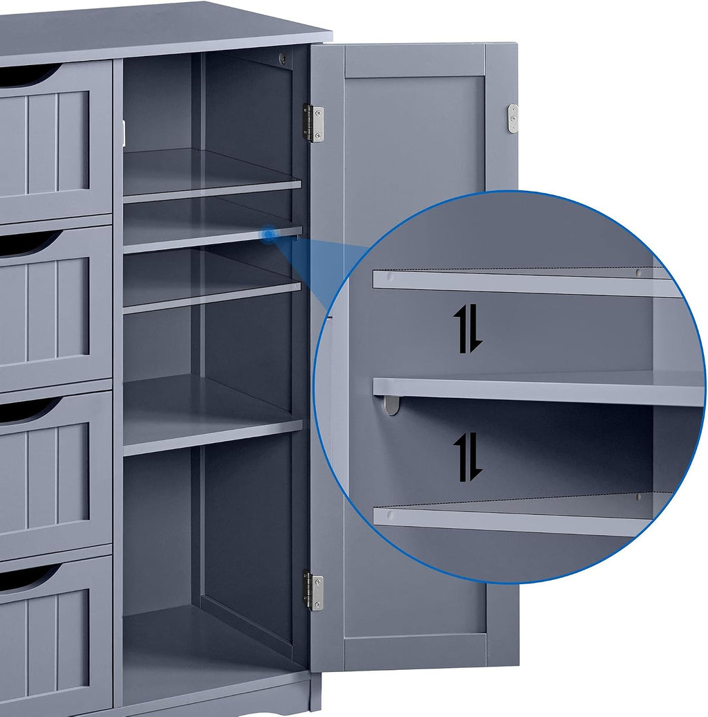 Bathroom Floor Cabinet, 4 Drawers & Door, Adjustable Shelf Gray
