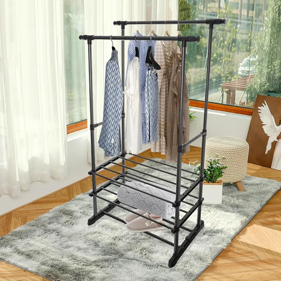 Hershii Adjustable Clothes Rack with 2 Shelves Double Rod Clothing Hanging Rail 85-140cm L Garment Storage Stand Coat Organizer for Bedroom, Living Room, Balcony