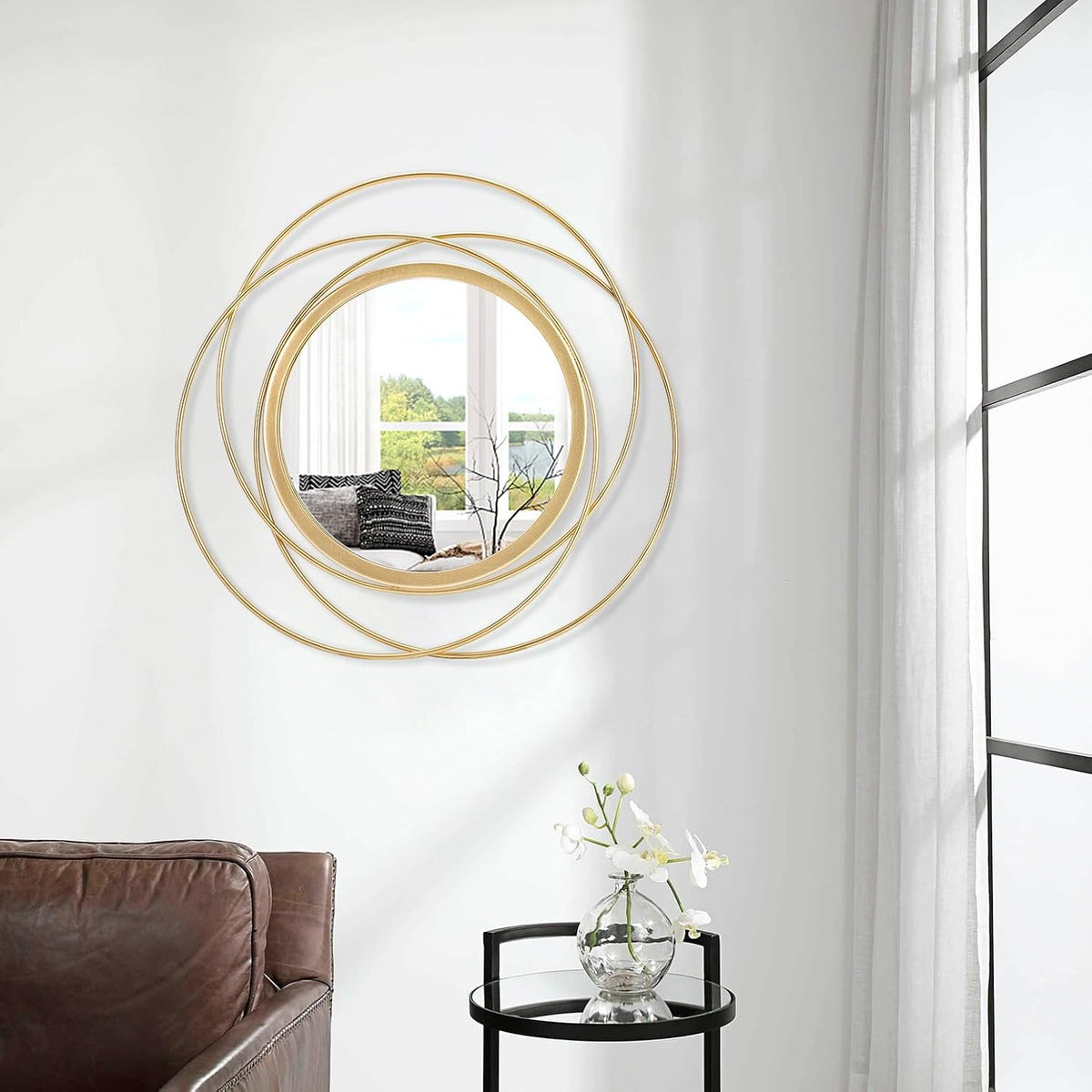 Wall Mirror Mounted Gold Large Round Decorative Mirrors, Circle Metal Art Mirror Home for Bathroom Vanity, Living Room or Bedroom 60 x 60 cm 60L x 60W cm Circle&gold