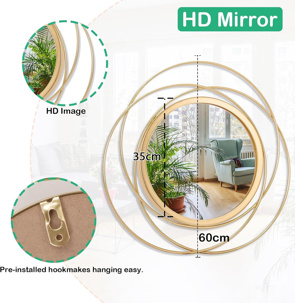 Wall Mirror Mounted Gold Large Round Decorative Mirrors, Circle Metal Art Mirror Home for Bathroom Vanity, Living Room or Bedroom 60 x 60 cm 60L x 60W cm Circle&gold