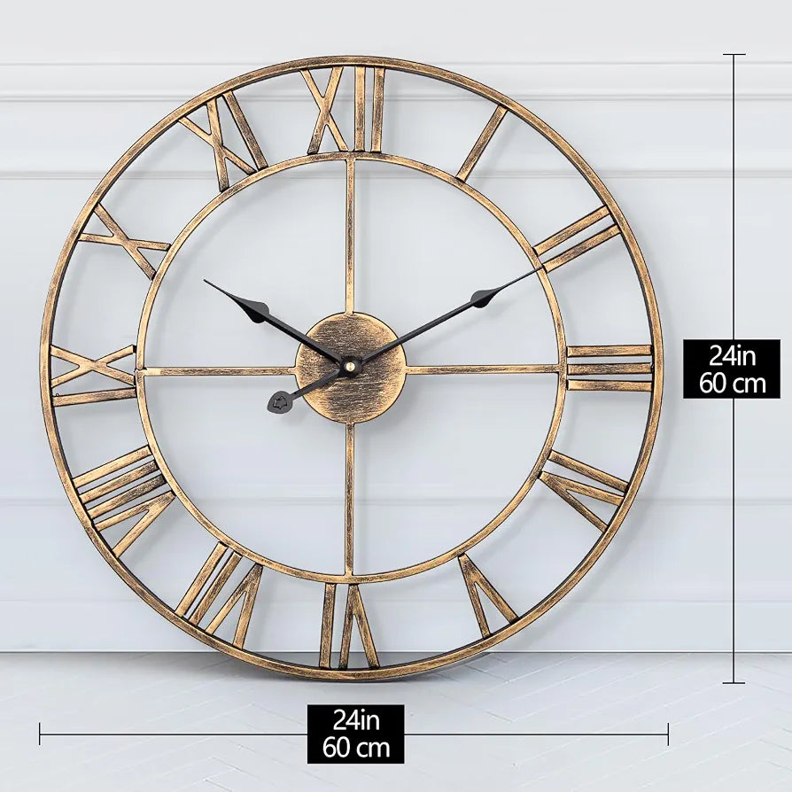 Silent Metal Skeleton Wall Clock, 60cm European Farmhouse Vintage Clock with Roman Numeral, Non-Ticking Battery Operated Hanging Wall Clock for Home Kitchen Cafe Hotel Office Decor