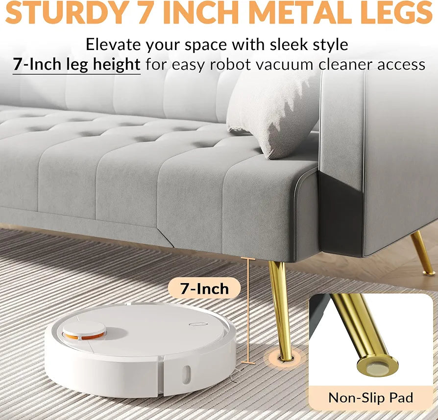 ELEGANT 3 Seater Sofa Bed 191cm, Grey Velvet Sofa Couch with Square Armrest