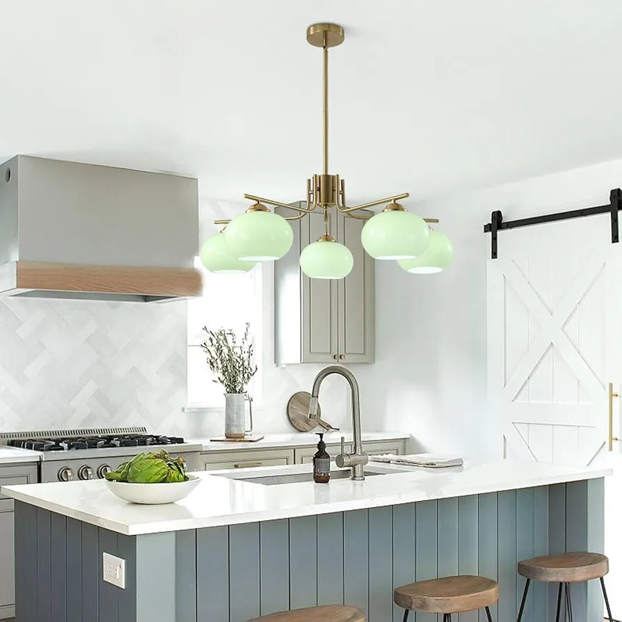 KCO Lighting Green Glass Pendant Light 5 Lights Large Globe Chandelier Brushed Brass Sputnik Chandeliers Mid Century Modern Chandelier Light Fixture for Dining Room Bedroom