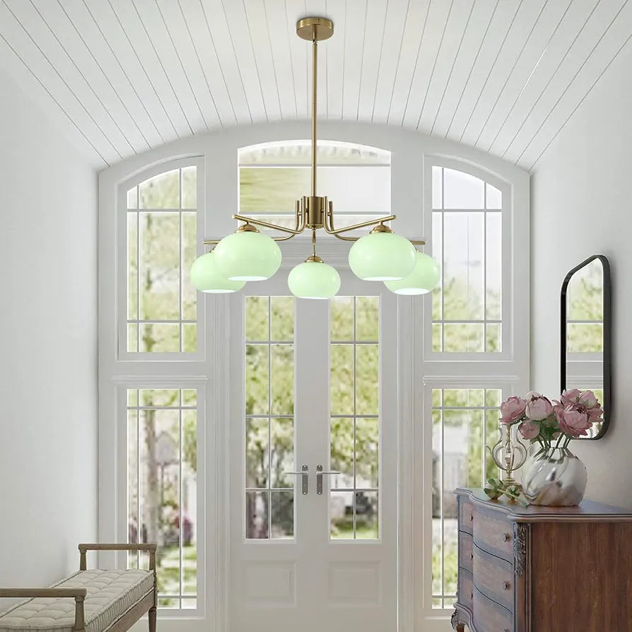 KCO Lighting Green Glass Pendant Light 5 Lights Large Globe Chandelier Brushed Brass Sputnik Chandeliers Mid Century Modern Chandelier Light Fixture for Dining Room Bedroom
