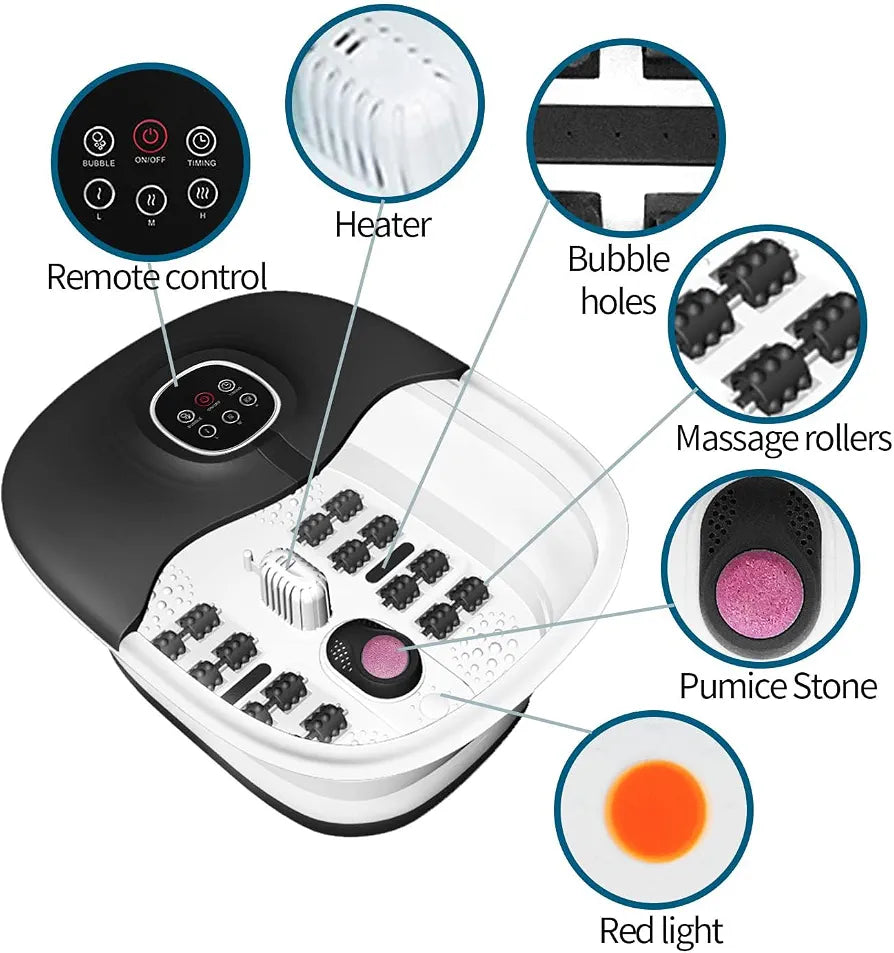 Foot Spa and Massager with Heater, Heated Foot Bath with Remote Control, Pumice Stone, Bubbles, 16 Massage Rollers, Red Light, Pedicure Footspa with Heat, Gift Ideas for Feet Care