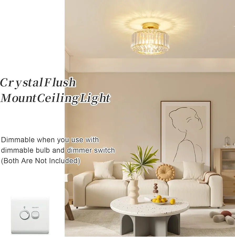 Rayofly Modern Crystal Chandeliers, Gold Ceiling Light Fitting with Glass Lampshade, Semi Flush Lights for Living Room, Bedroom, Kitchen, Hallway, Bathroom