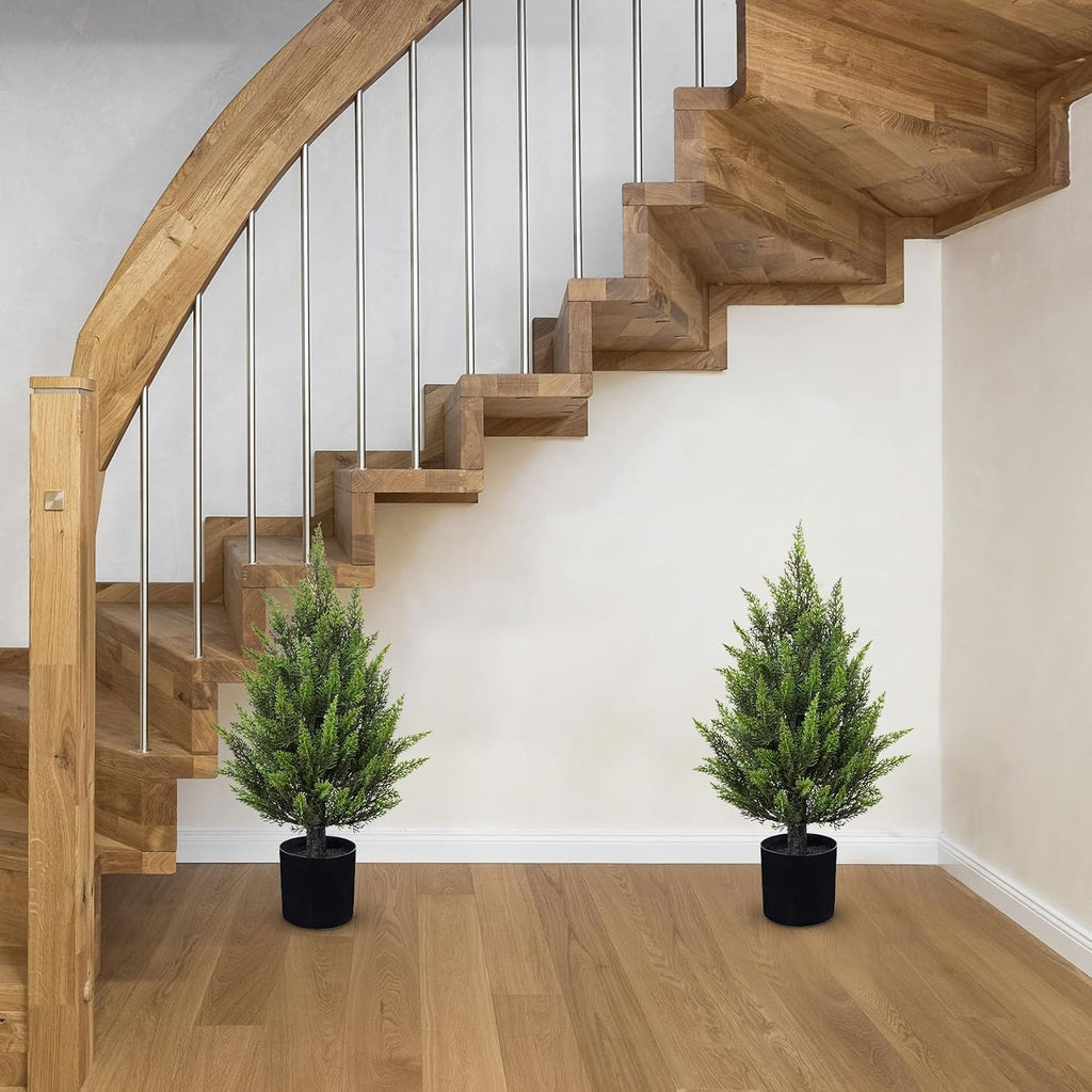 Hollyone 2PCS Artificial Cypress Trees in Black Pots, 2FT Fake Topiary Trees for Living Room, Decorative Faux Topiaries for Indoor&Outdoor Home Decor Garden Balcony Patio Entryway (60CM)