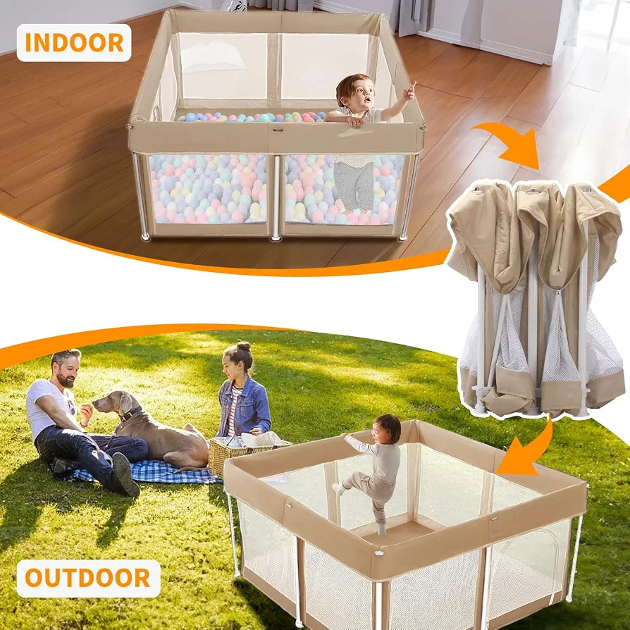 Foldable Baby Playpen,120×120cm Extra Large Collapsible Playpen for Babies and Toddlers, Indoor Outdoor Activity Center with Fence, Khaki