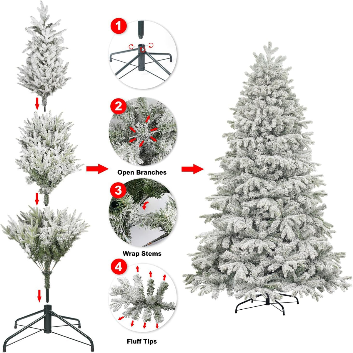 KI Store 7ft Flocked Christmas Tree Unlit Realistic Downswept Artificial Hinged Christmas Fir Tree with Snow Flocking White