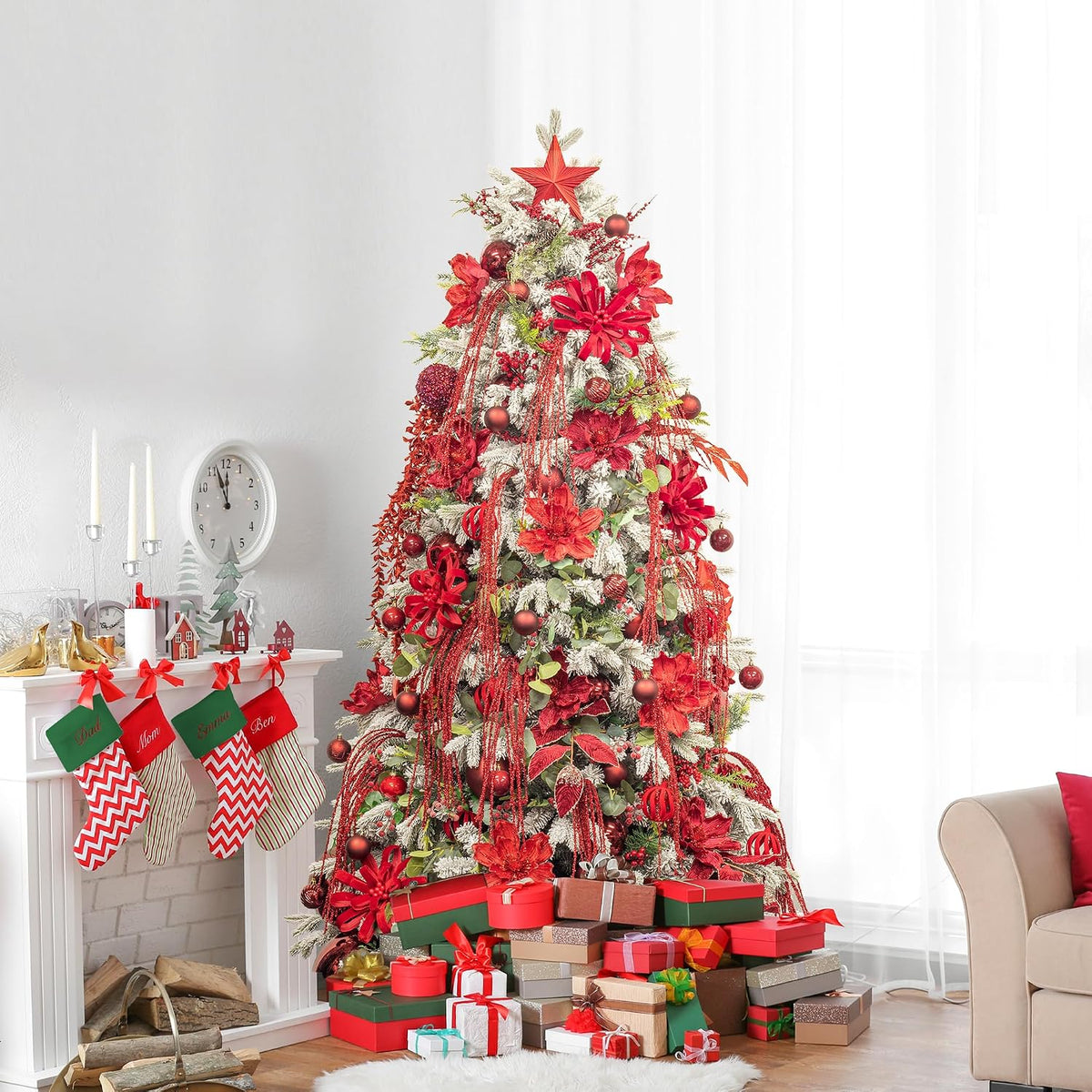 KI Store 7ft Flocked Christmas Tree Unlit Realistic Downswept Artificial Hinged Christmas Fir Tree with Snow Flocking White