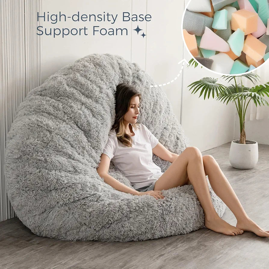 MAXYOYO Giant Bean Bag Bed - Round Bean Bag Chair - Large Sofa with long Faux Fur Cover and Fluffy Filling Included for Adult, Couples, Guest 