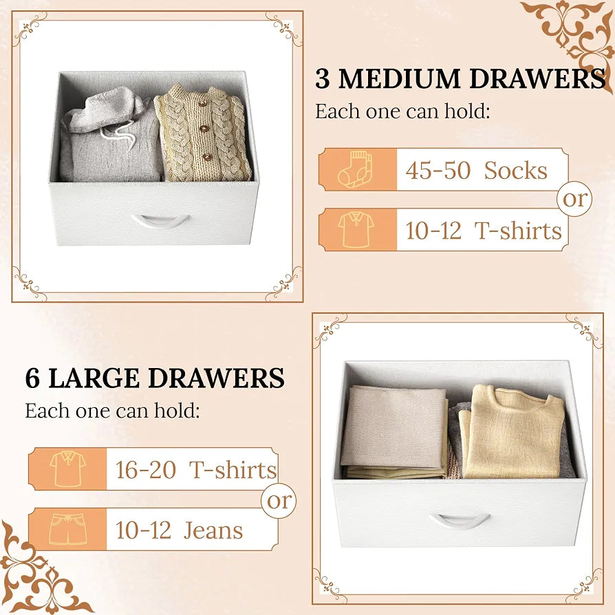 CAIYUN Chest of Drawers with 9 Drawers, Fabric Storage Dresser for Bedroom, Tall Drawer Organizer Unit for Entryway, Hallway, White