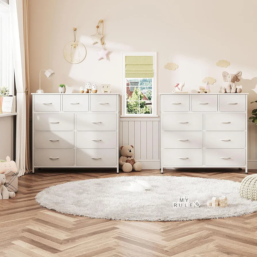 CAIYUN Chest of Drawers with 9 Drawers, Fabric Storage Dresser for Bedroom, Tall Drawer Organizer Unit for Entryway, Hallway, White
