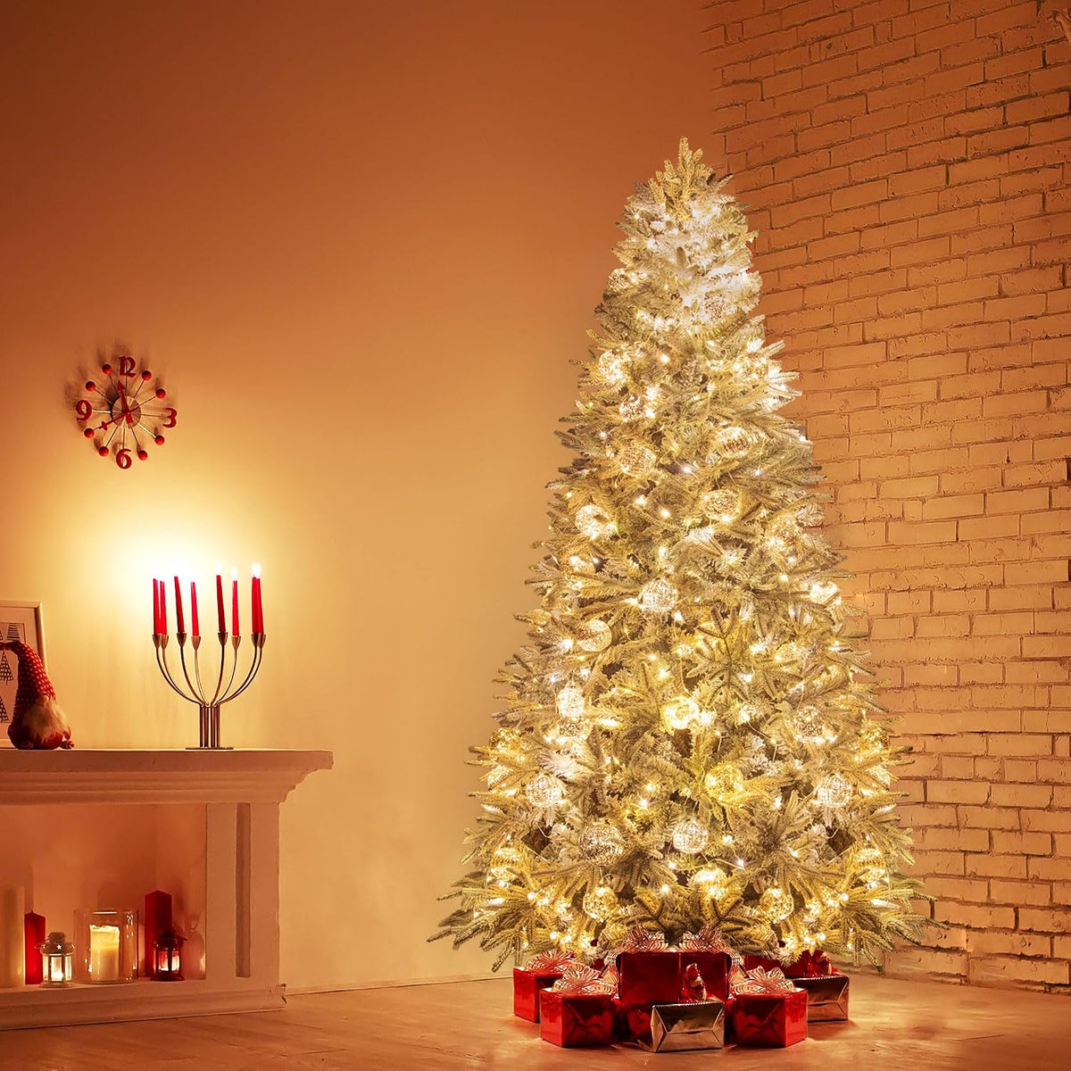 KI Store 7ft Flocked Christmas Tree Unlit Realistic Downswept Artificial Hinged Christmas Fir Tree with Snow Flocking White