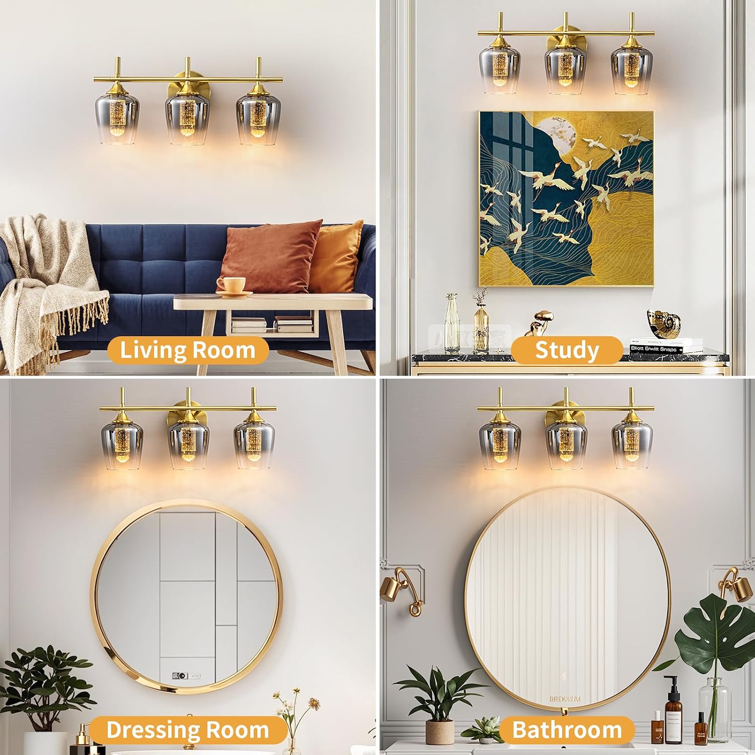 WILON Bathroom Wall Light Fixtures Over Mirror, 3-Light Bathroom lamp Wall with Grey Gradient Lampshade, Wall Lights with LED Acrylic Bubble Light Column, Wall Scones for Living Room Kitchen Bedroom