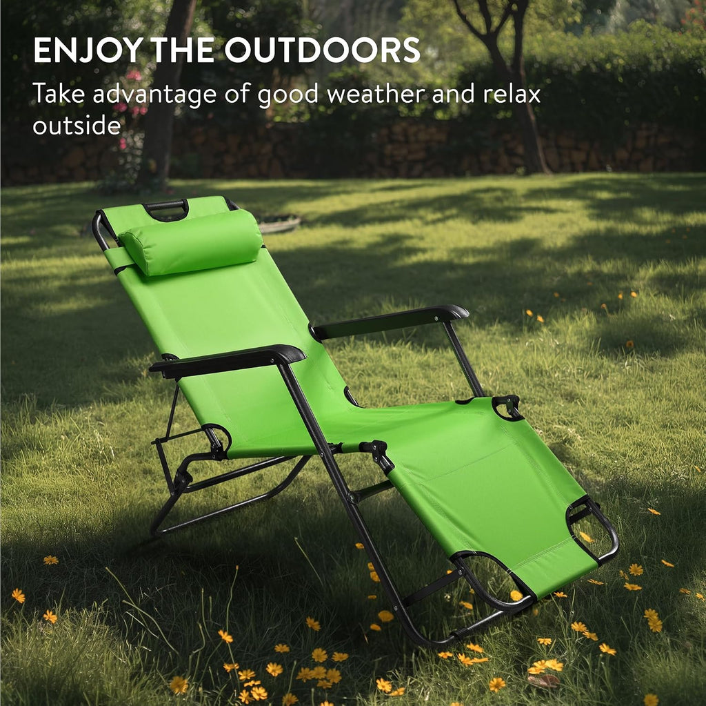 JEMIDI Sun Lounger, Green - Garden Chair with Reclining Backrest, Armrest & Headrest - Perfect for Patio, Poolside, Camping - Lightweight, Durable & Portable