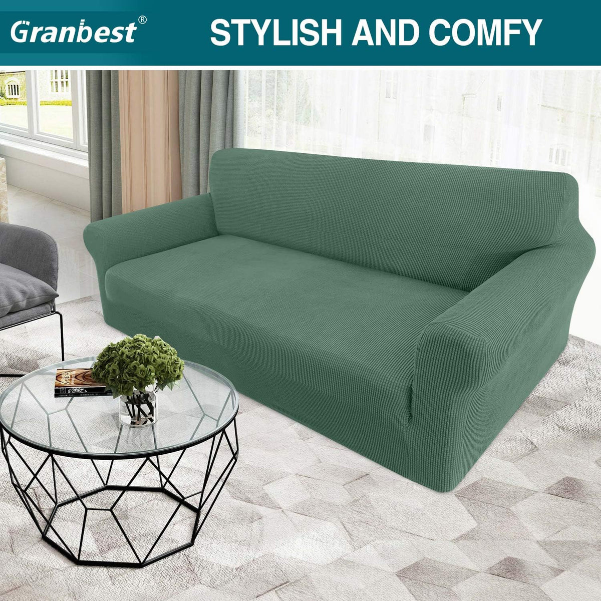 GRANBEST 3 Seater Stretch Sofa Cover – Super Soft Spandex, Khaki Green