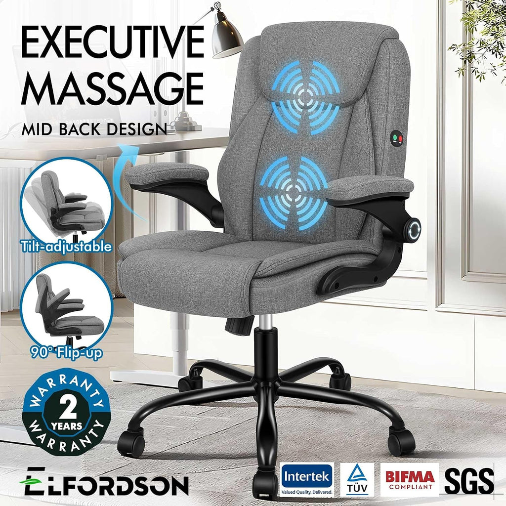 ELFORDSON Massage Home Office Chair, Mid-back Executive Work Chairs with 90° Flip-up Armrests, Adjustable Height, Swivel, Ergonomic Heavy-duty Desk Work Chair, PU Leather, Grey