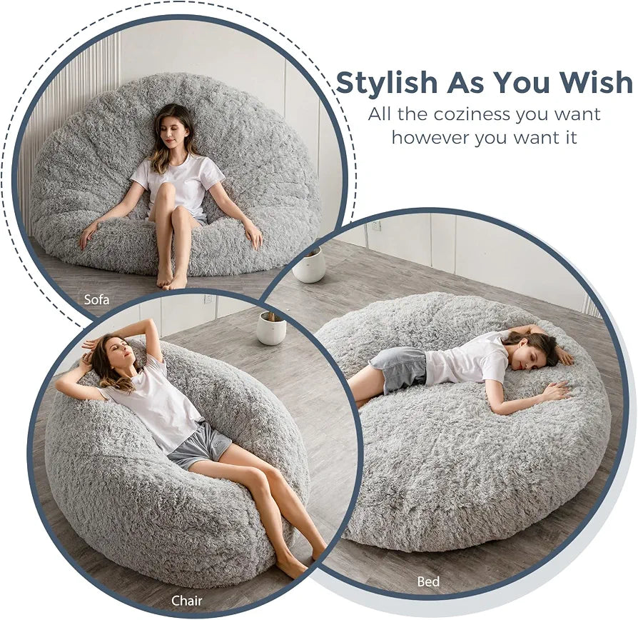 MAXYOYO Giant Bean Bag Bed - Round Bean Bag Chair - Large Sofa with long Faux Fur Cover and Fluffy Filling Included for Adult, Couples, Guest 