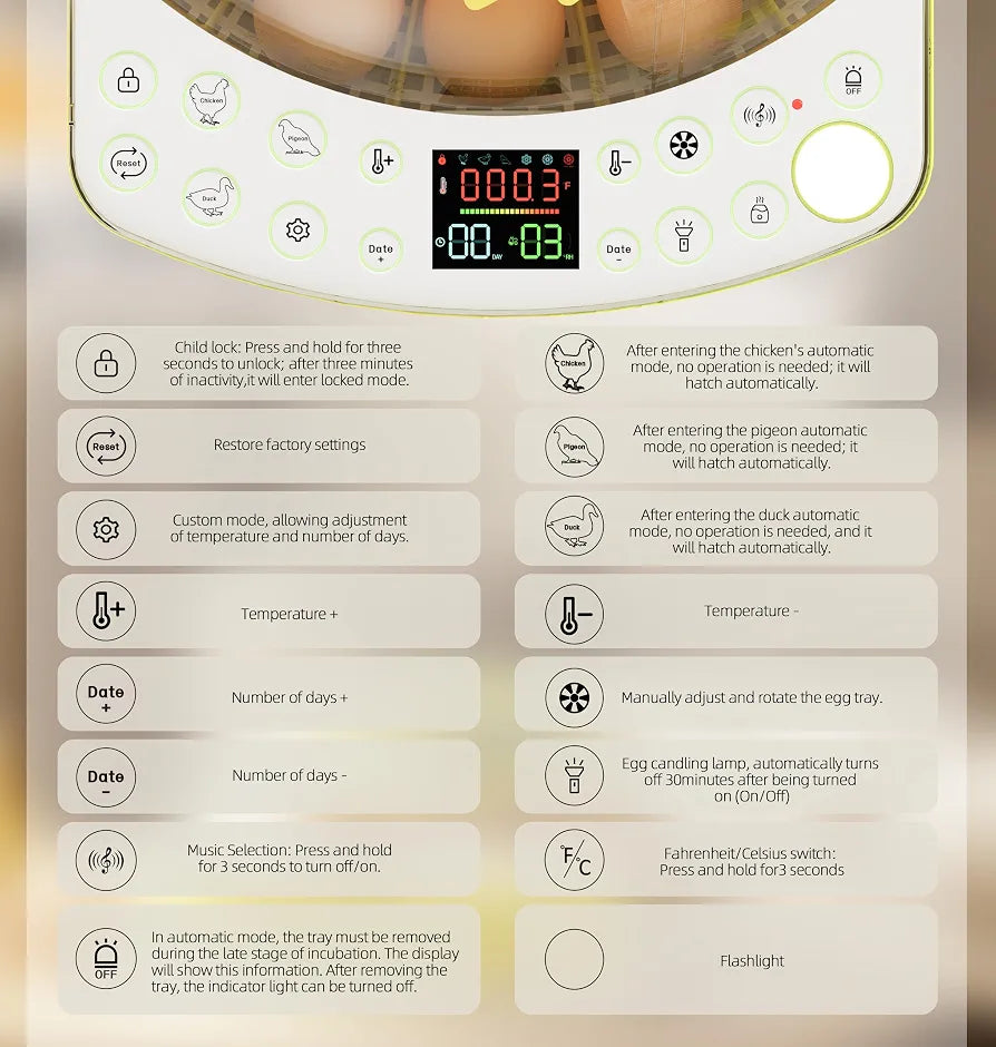 22-Egg Smart Incubators for Hatching Eggs with Automatic Turning