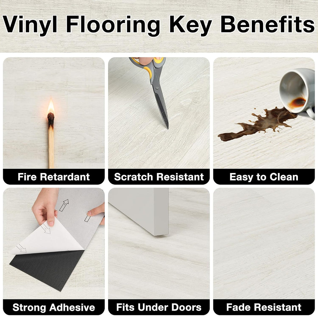 MULGREAT Vinyl Flooring, 16Pieces Self Adhesive Vinyl Floor Tiles, Waterproof Peel and Stick Floor Planks for Bedroom Bathroom Kitchen Hallway 16 Planks (2.23m²) Tea White