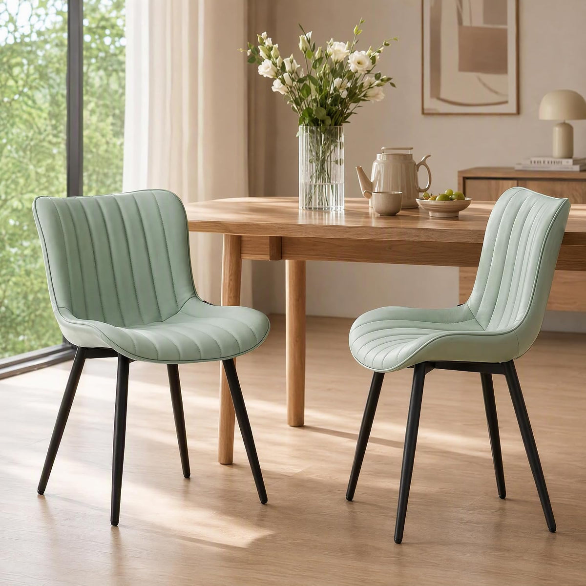 YOUNIKE Dining Chairs Set of 2 Modern Kitchen Dining Room Chairs with Metal Legs, Armless Upholstered Faux Leather Accent Chairs with Backrest, for Kitchen Living Room Receprion, Mint Green