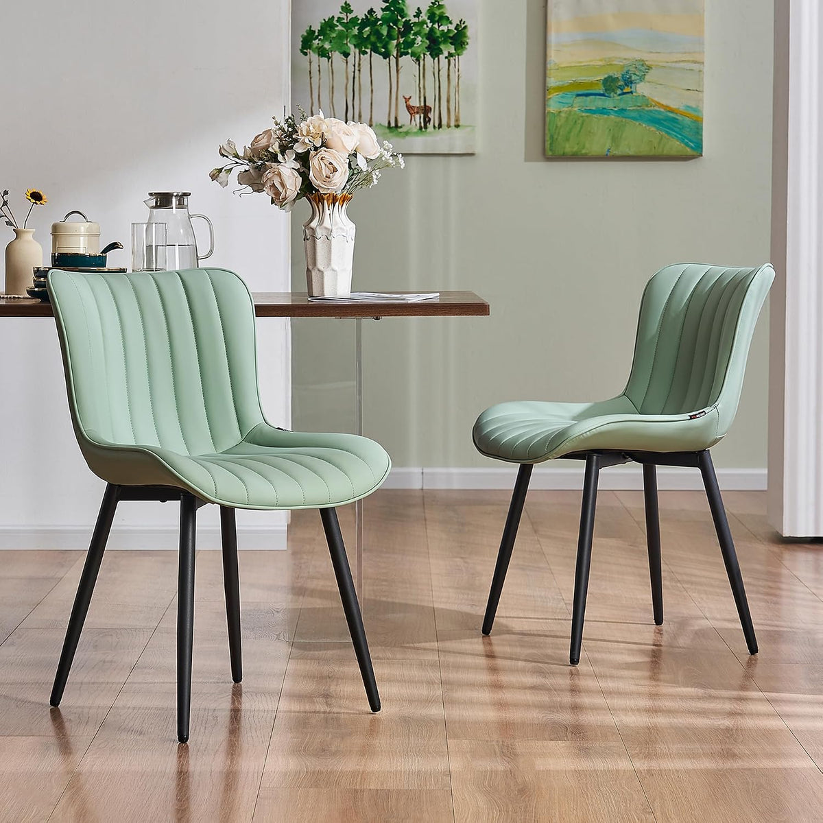 YOUNIKE Dining Chairs Set of 2 Modern Kitchen Dining Room Chairs with Metal Legs, Armless Upholstered Faux Leather Accent Chairs with Backrest, for Kitchen Living Room Receprion, Mint Green