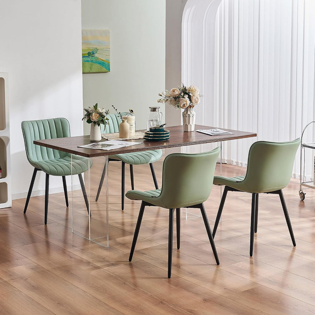 YOUNIKE Dining Chairs Set of 2 Modern Kitchen Dining Room Chairs with Metal Legs, Armless Upholstered Faux Leather Accent Chairs with Backrest, for Kitchen Living Room Receprion, Mint Green