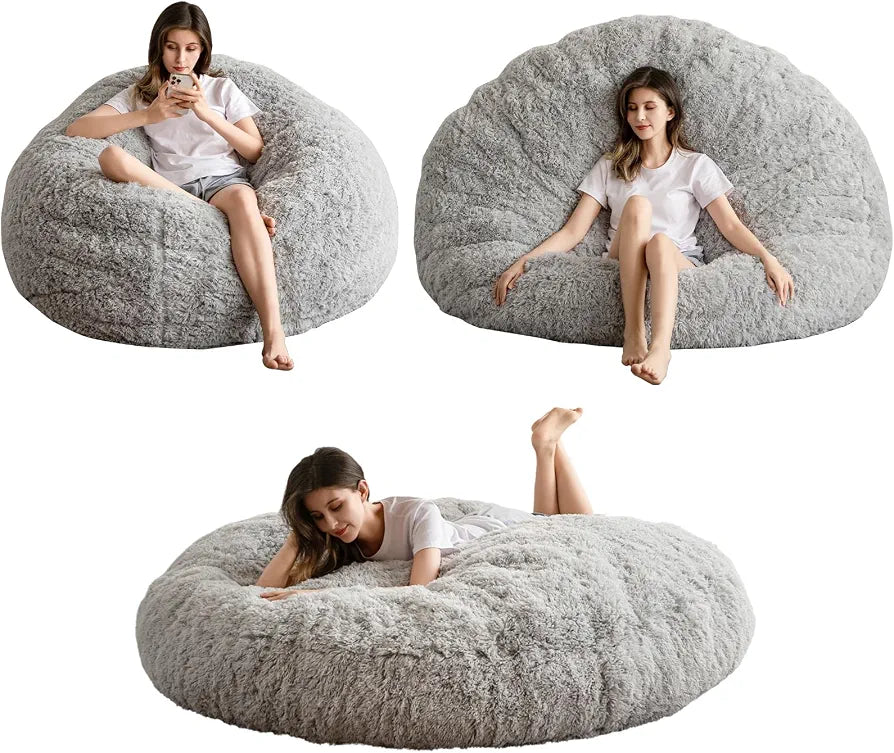 MAXYOYO Giant Bean Bag Bed - Round Bean Bag Chair - Large Sofa with long Faux Fur Cover and Fluffy Filling Included for Adult, Couples, Guest 