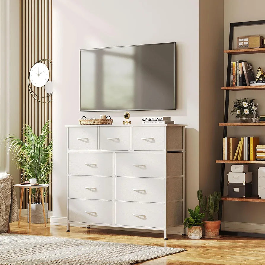 CAIYUN Chest of Drawers with 9 Drawers, Fabric Storage Dresser for Bedroom, Tall Drawer Organizer Unit for Entryway, Hallway, White