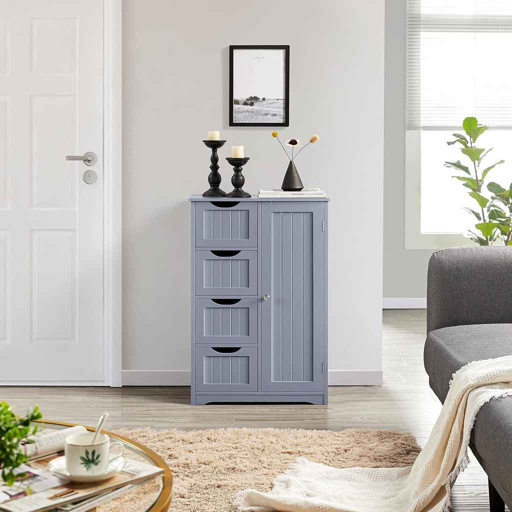 Bathroom Floor Cabinet, 4 Drawers & Door, Adjustable Shelf Gray