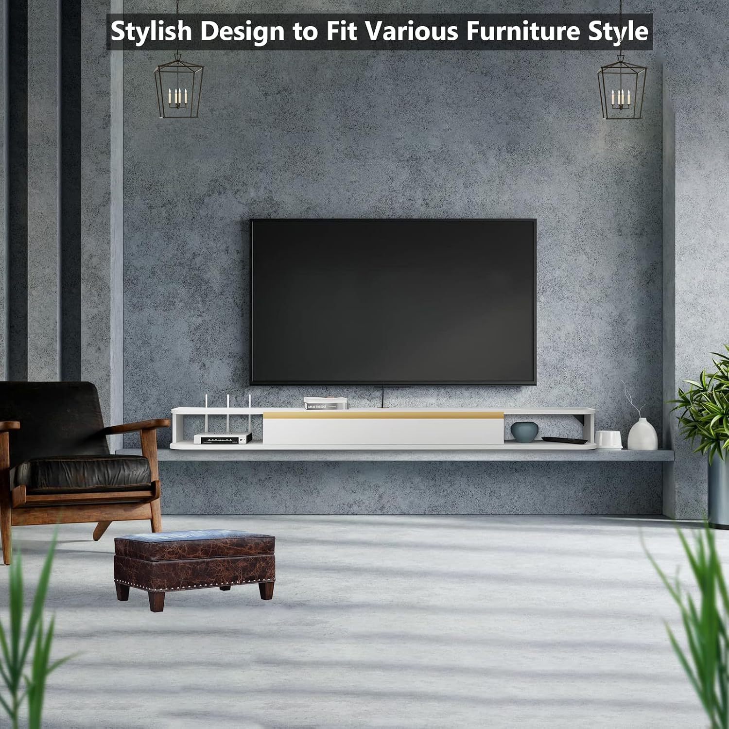 Pmnianhua Floating TV Stand, Wall Mounted Entertainment Center TV Media Console, Floating Shelves with Door, Floating TV Cabinet Large Storage TV Bench for Living Room (White, 120cm)