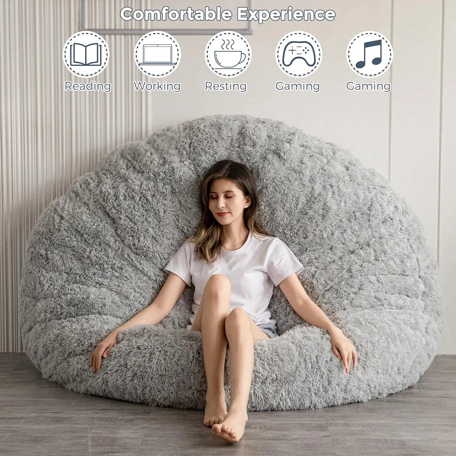 MAXYOYO Giant Bean Bag Bed - Round Bean Bag Chair - Large Sofa with long Faux Fur Cover and Fluffy Filling Included for Adult, Couples, Guest 