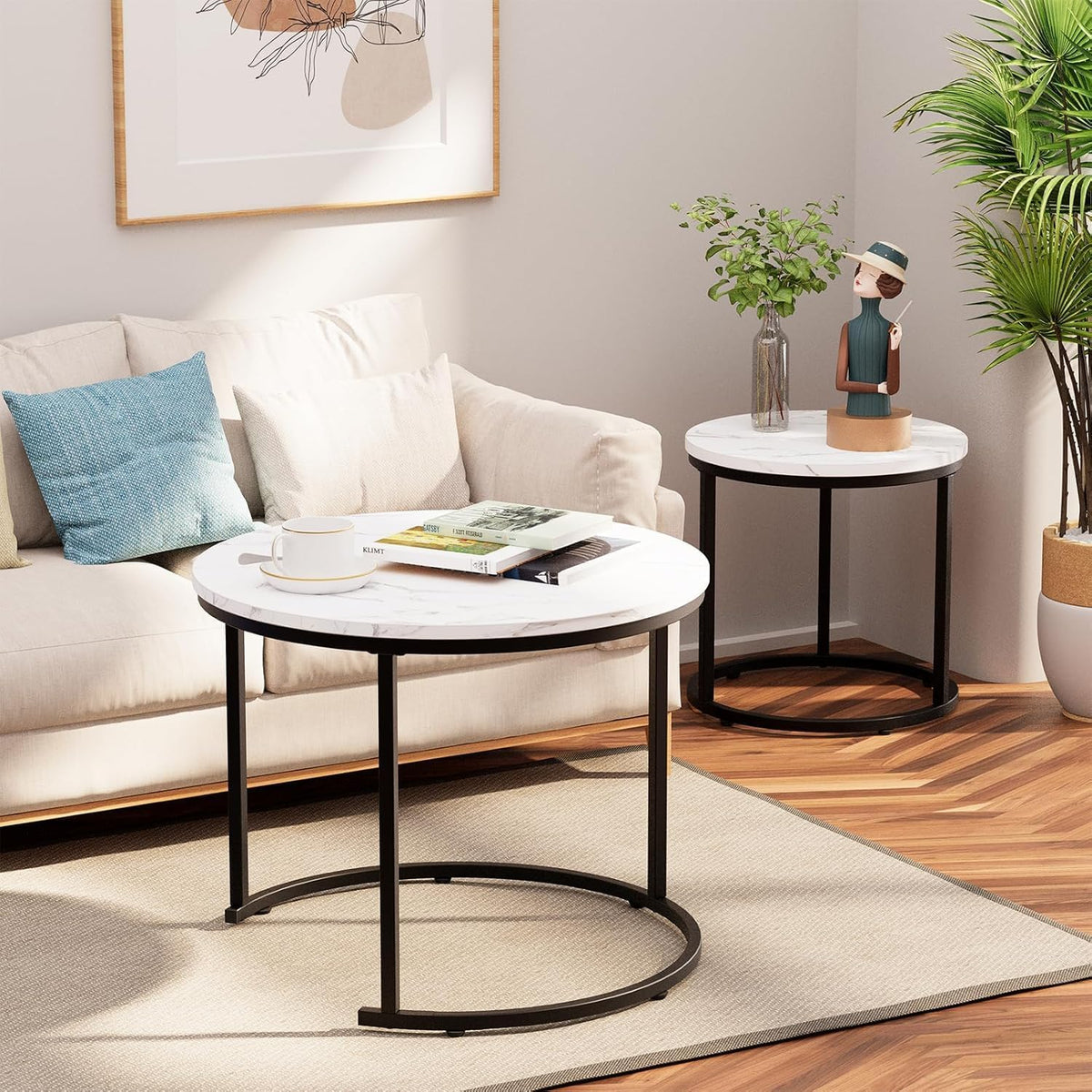 Coffee Table,Round Nest of Tables Set of 2 for Living Room,Marble Center Tea Table with Metal Frame,End Side table for Small Space/Living Room/Bedroom, White Black