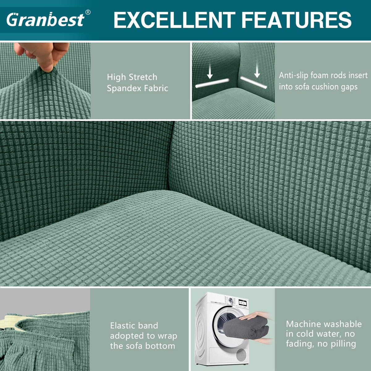 GRANBEST 3 Seater Stretch Sofa Cover – Super Soft Spandex, Khaki Green