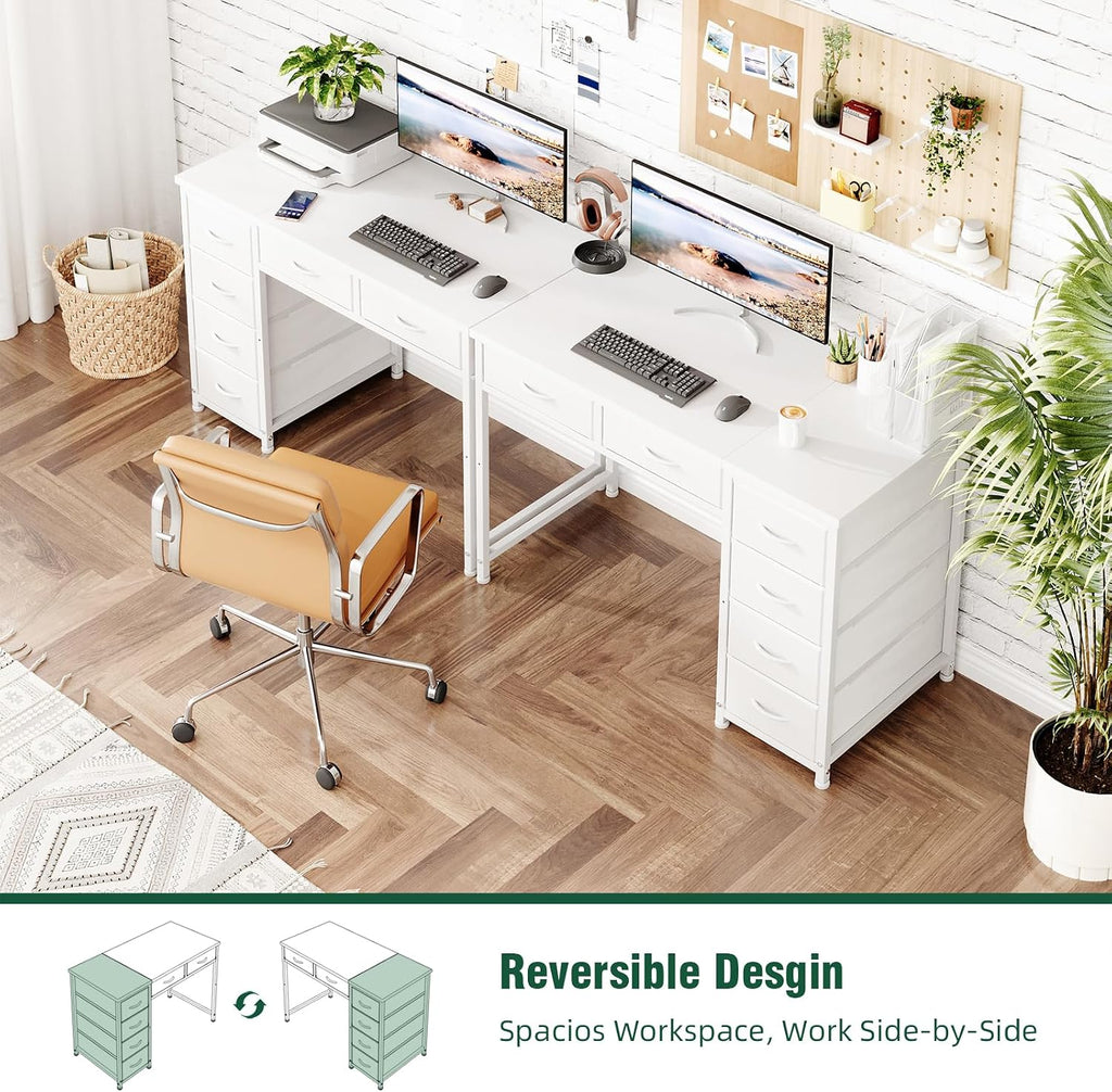 MUTUN 100x48 cm Desk, Small Computer Desk with 6 Fabric Drawers, Reversible Home Office Desk with Adjustable Feet, Work Desks for Office, Study, Vanity Table for Bedroom, White