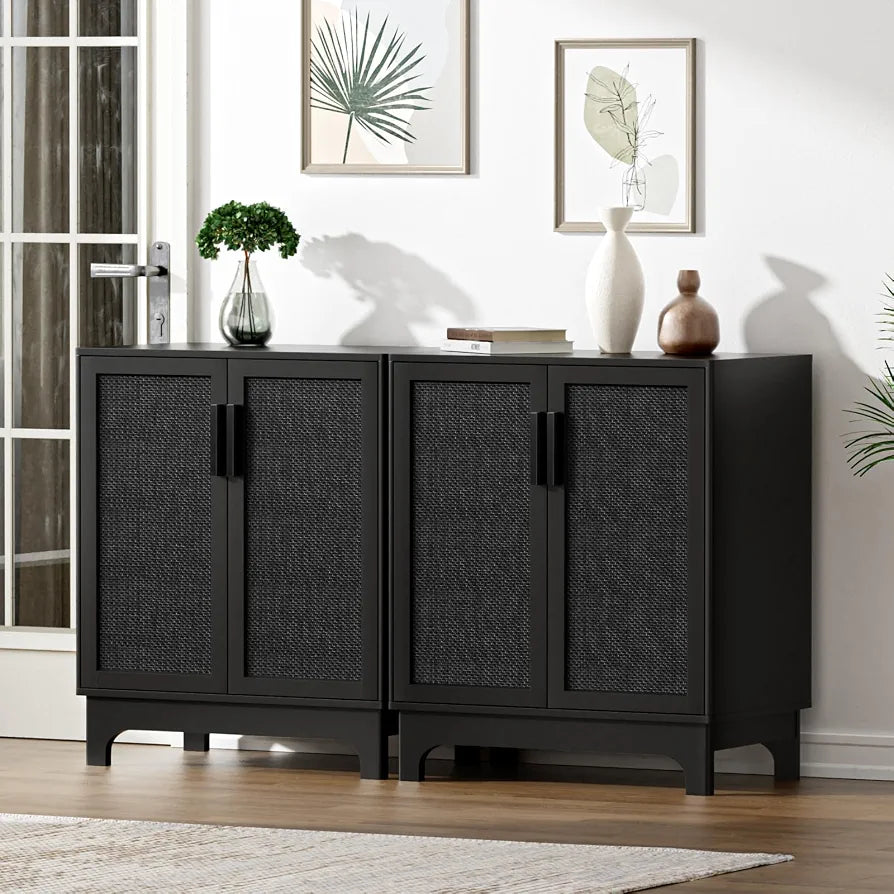 Rattan Sideboards for Living Room Black Kitchen Storage Cupboard
