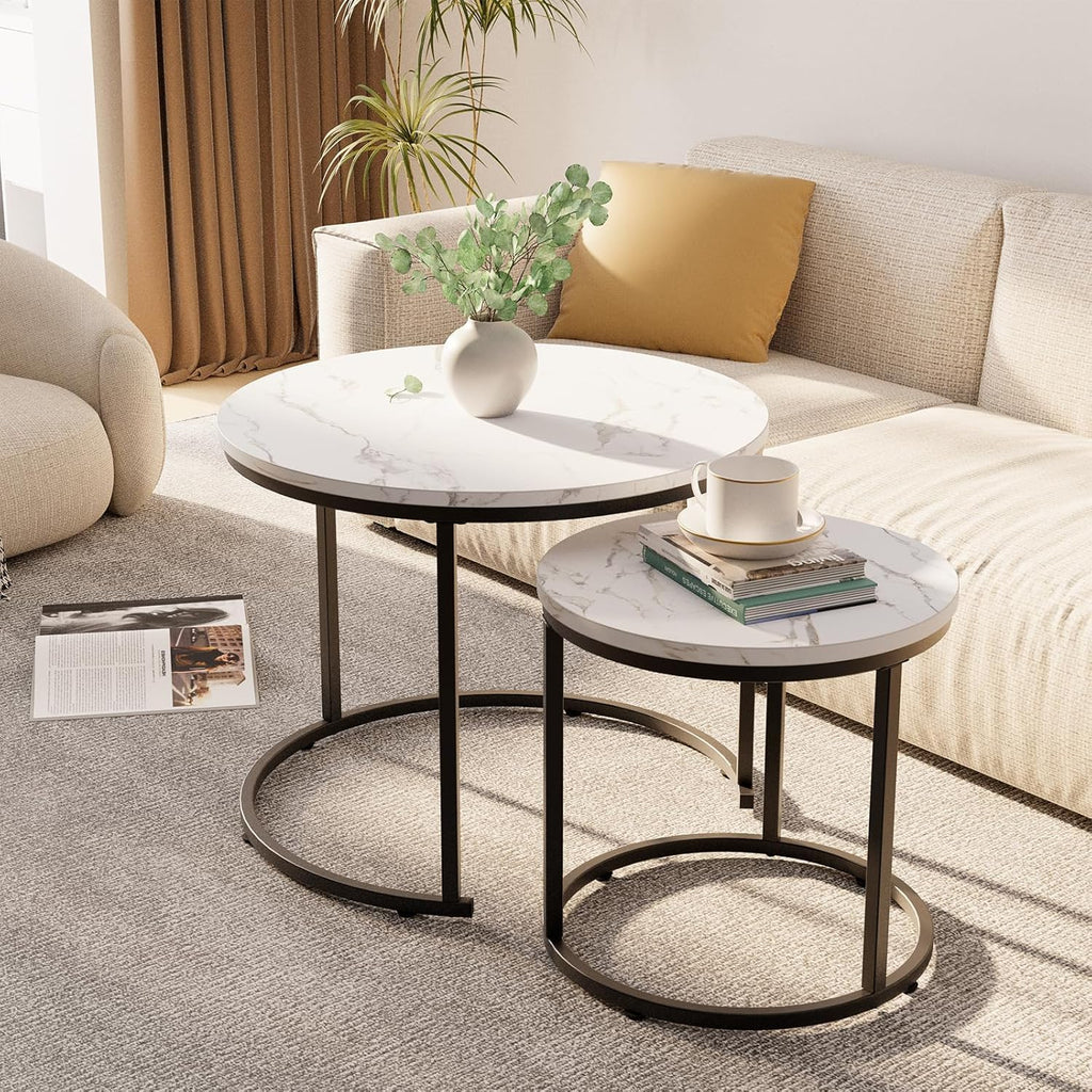 Coffee Table,Round Nest of Tables Set of 2 for Living Room,Marble Center Tea Table with Metal Frame,End Side table for Small Space/Living Room/Bedroom, White Black