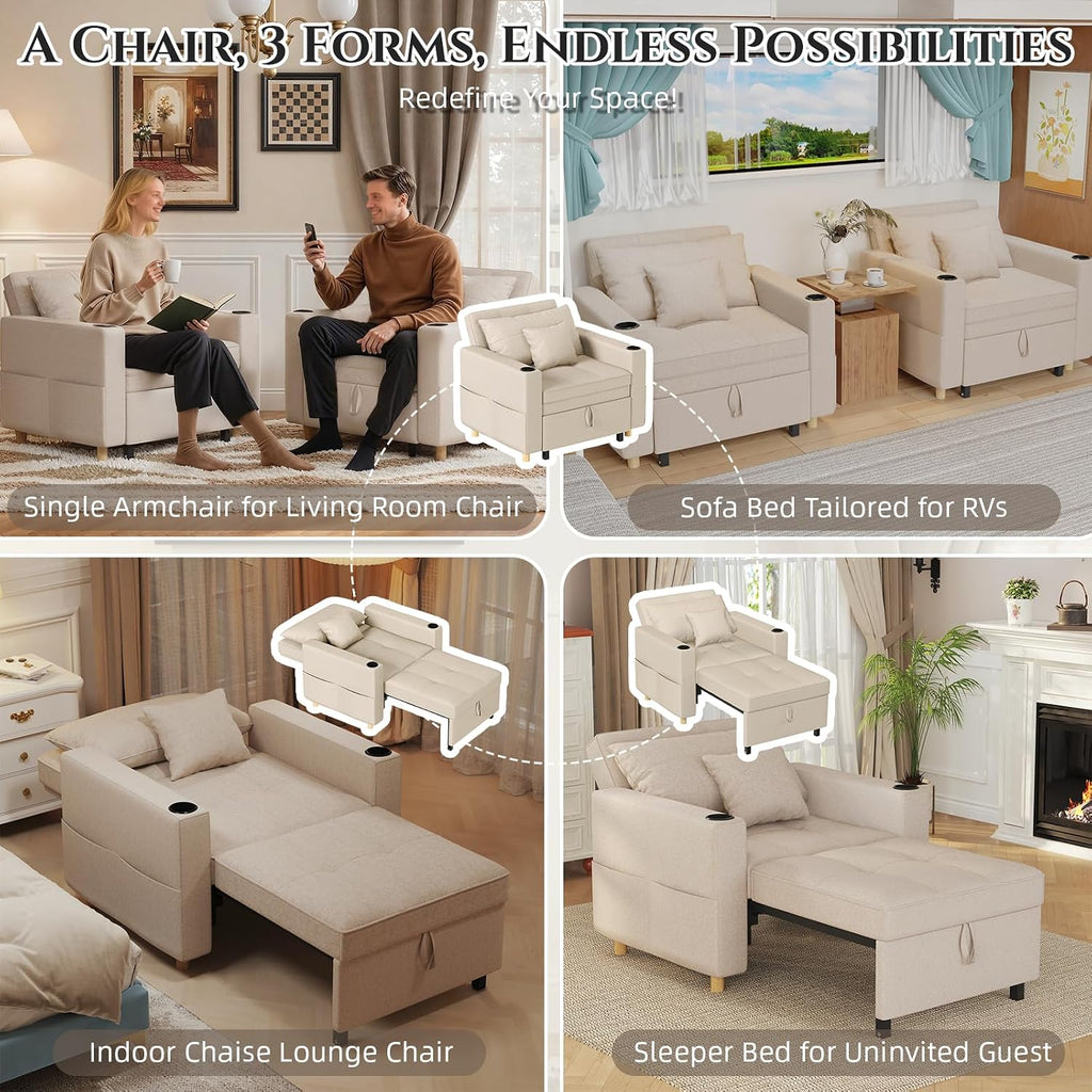 3-in-1 Single Sofa Bed Chair, Adjustable with Cup Holders, Beige