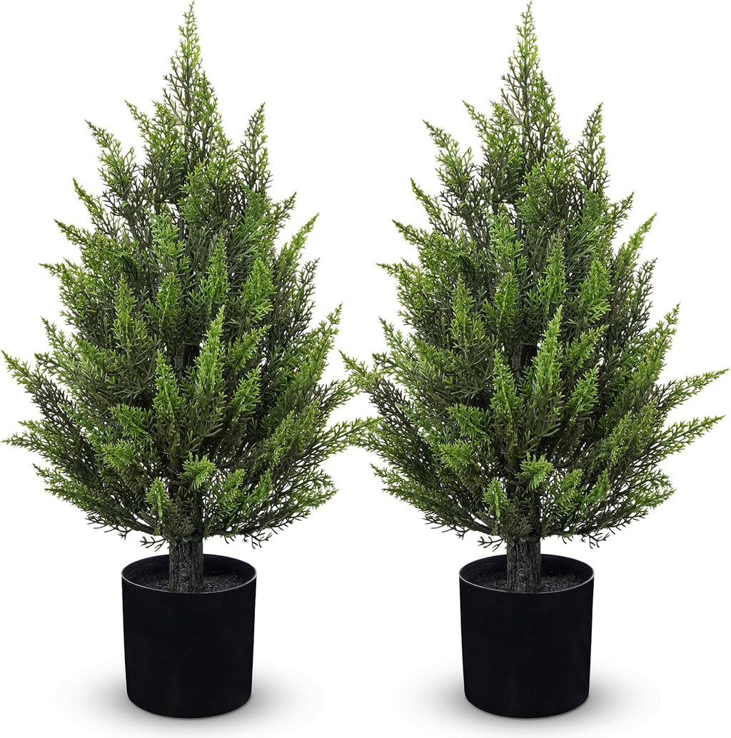 Hollyone 2PCS Artificial Cypress Trees in Black Pots, 2FT Fake Topiary Trees for Living Room, Decorative Faux Topiaries for Indoor&Outdoor Home Decor Garden Balcony Patio Entryway (60CM)