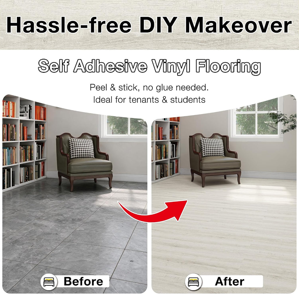 MULGREAT Vinyl Flooring, 16Pieces Self Adhesive Vinyl Floor Tiles, Waterproof Peel and Stick Floor Planks for Bedroom Bathroom Kitchen Hallway 16 Planks (2.23m²) Tea White