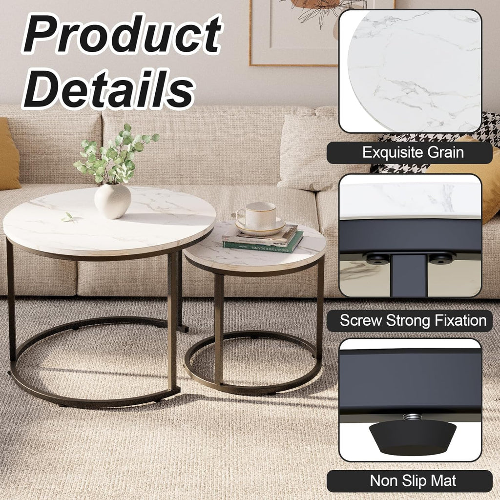 Coffee Table,Round Nest of Tables Set of 2 for Living Room,Marble Center Tea Table with Metal Frame,End Side table for Small Space/Living Room/Bedroom, White Black