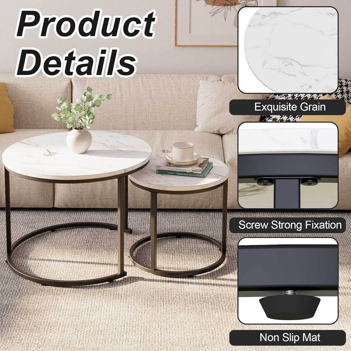 Coffee Table,Round Nest of Tables Set of 2 for Living Room,Marble Center Tea Table with Metal Frame,End Side table for Small Space/Living Room/Bedroom, White Black