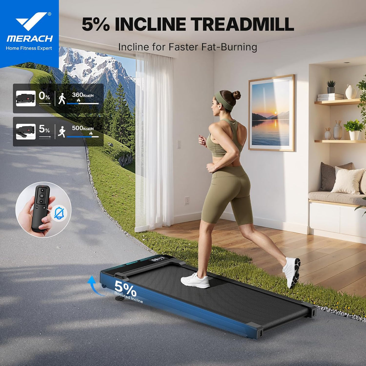 MERACH 2 IN 1 Walking Pad with 5% Incline, 2-6 km/h Treadmill for Home, 3.0HP Under Desk Treadmill, Walking Pad for Home and Office, Remote Control, Load Capacity up to 136 kg, LED Display, APP Black