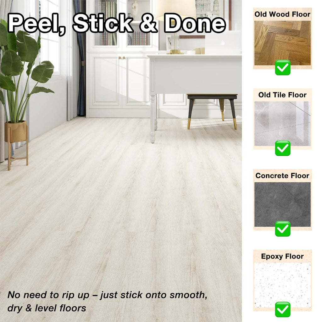 MULGREAT Vinyl Flooring, 16Pieces Self Adhesive Vinyl Floor Tiles, Waterproof Peel and Stick Floor Planks for Bedroom Bathroom Kitchen Hallway 16 Planks (2.23m²) Tea White