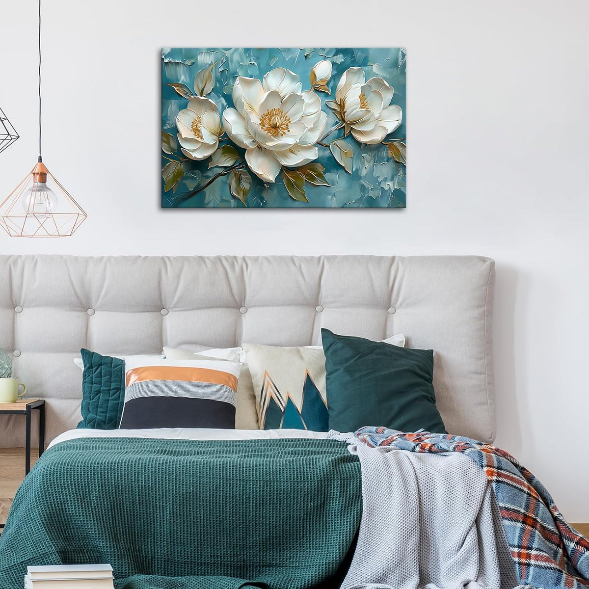 FajerminArt Framed Large White Peony Flowers Canvas Wall Art Vintage Blue White Floral Canvas Prints Painting Wall Artwork Picture for Living Room Bedroom Home Decorations Ready To Hang 24"x36" White Peony Flowers 90L x 60W cm