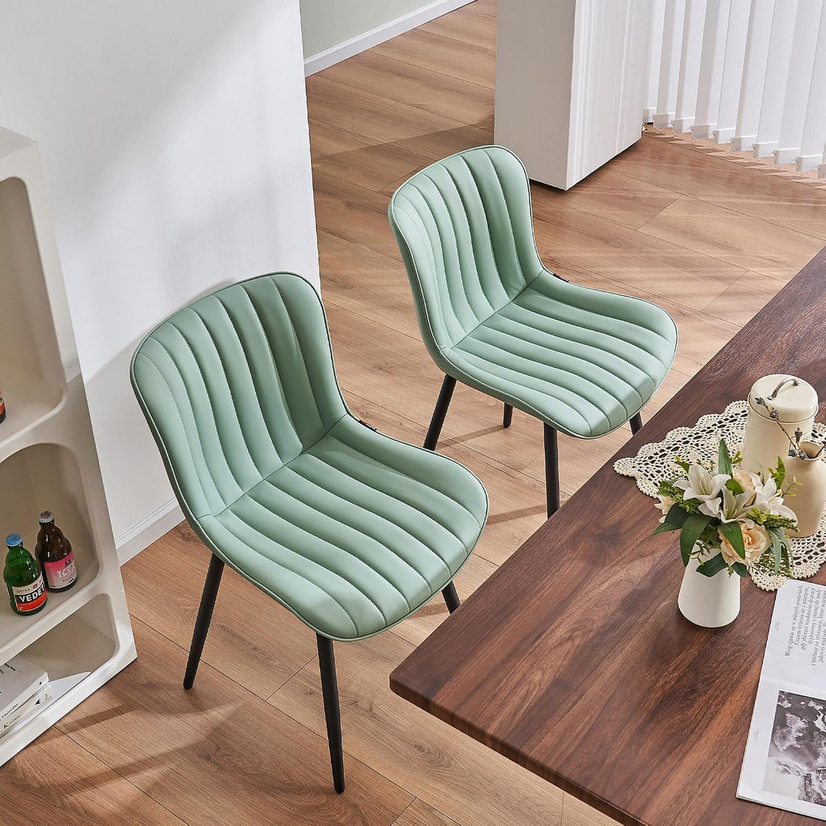 YOUNIKE Dining Chairs Set of 2 Modern Kitchen Dining Room Chairs with Metal Legs, Armless Upholstered Faux Leather Accent Chairs with Backrest, for Kitchen Living Room Receprion, Mint Green