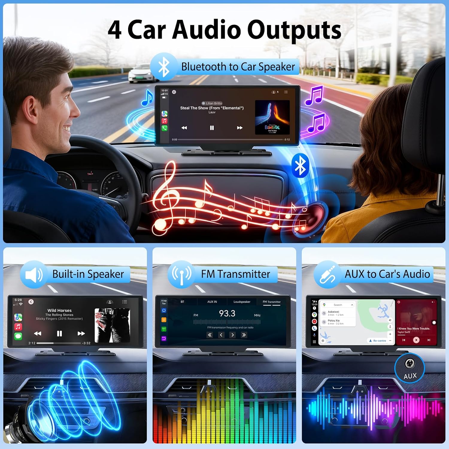 ELECROW 10.26" Wireless CarPlay Screen with 4K Dash Cam | Wireless Apple CarPlay Android Auto 4K front dash cam HD rear view camera mirror link voice control FM GPS navigation mount