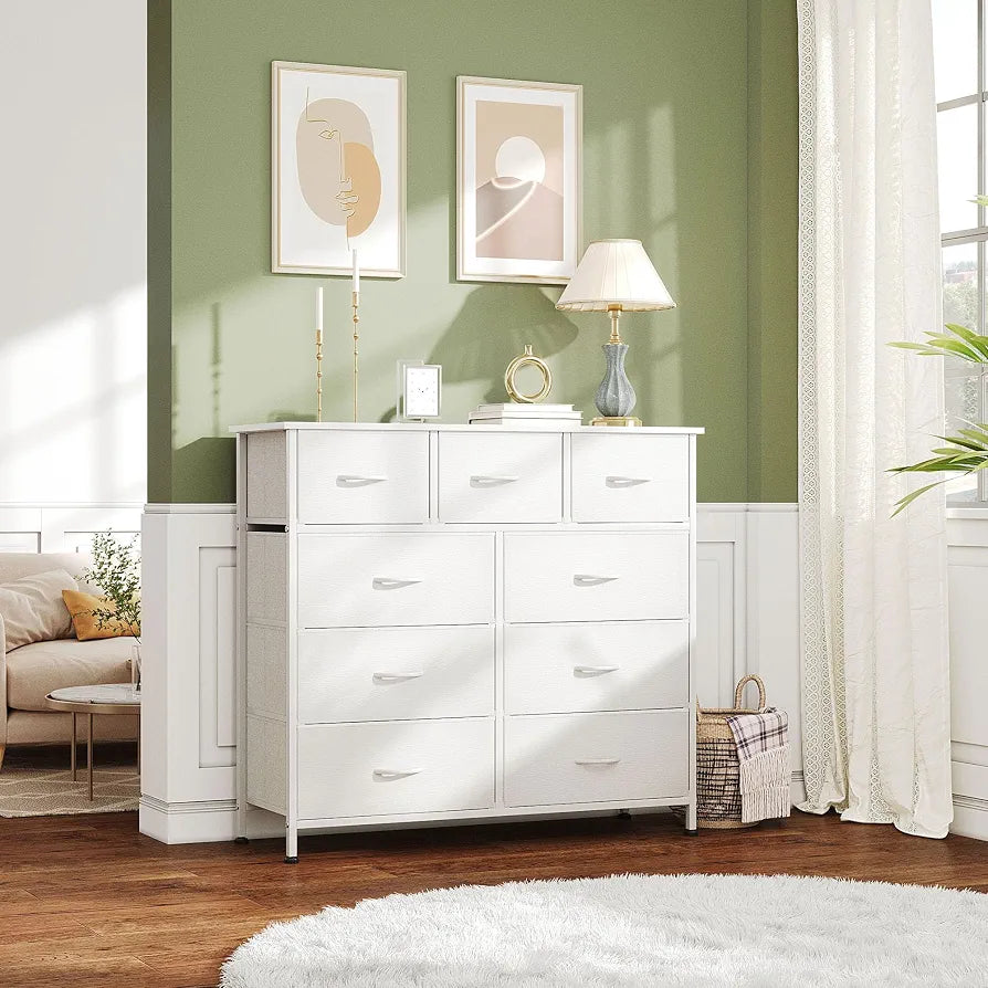 CAIYUN Chest of Drawers with 9 Drawers, Fabric Storage Dresser for Bedroom, Tall Drawer Organizer Unit for Entryway, Hallway, White