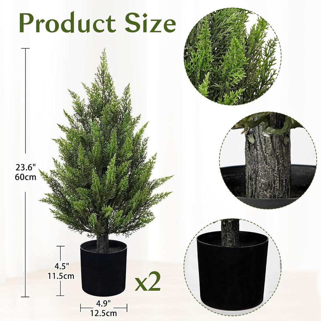Hollyone 2PCS Artificial Cypress Trees in Black Pots, 2FT Fake Topiary Trees for Living Room, Decorative Faux Topiaries for Indoor&Outdoor Home Decor Garden Balcony Patio Entryway (60CM)